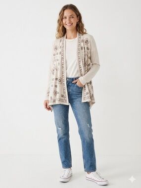 Lucky Lotus Embroidered Cardigan Cream Boho Open Front Cotton Size L